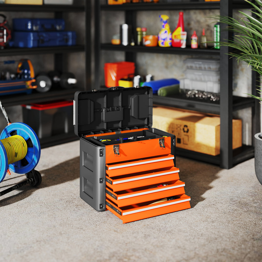 Boîte à Outils à 4 Tiroirs, Caisse à Outils en Acier Thermolaqué avec Plateau Amovible, 49,7x25,3x40,7cm, Orange-9