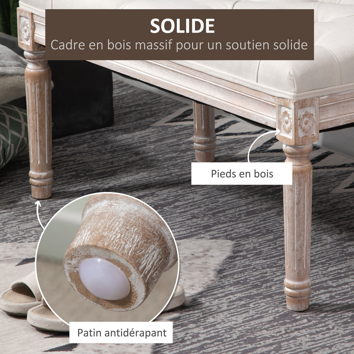 Banc Banquette classique capitonné 80cm bout de lit Rembourrée en lin - bois d'hévéa sculpté, patiné - Crème-4