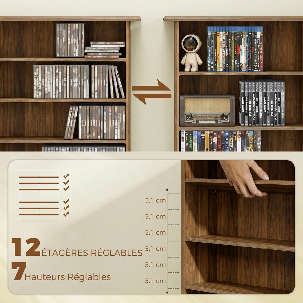 Rangements pour CD et DVD avec 16 compartiments et 12 étagères réglables capacité max. 720 CD/396 DVD et Blu-ray noyer-4
