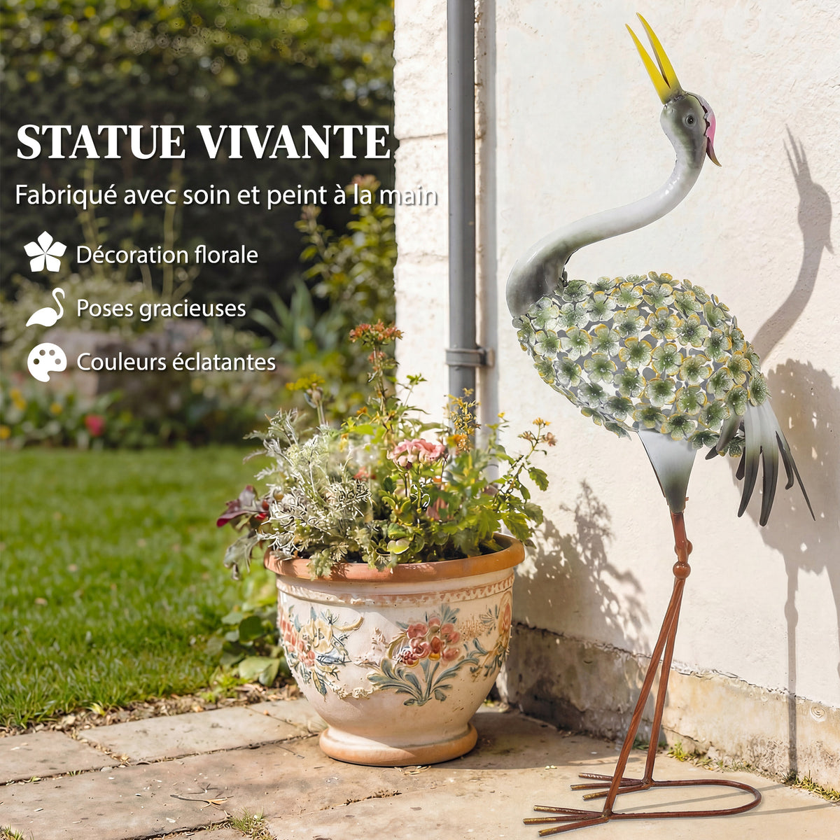 Statues de Jardin, Sculpture de Héron en Métal, Statues d'oiseaux 71 cm, pour Cour, Étang, Terrasse, Vert-3