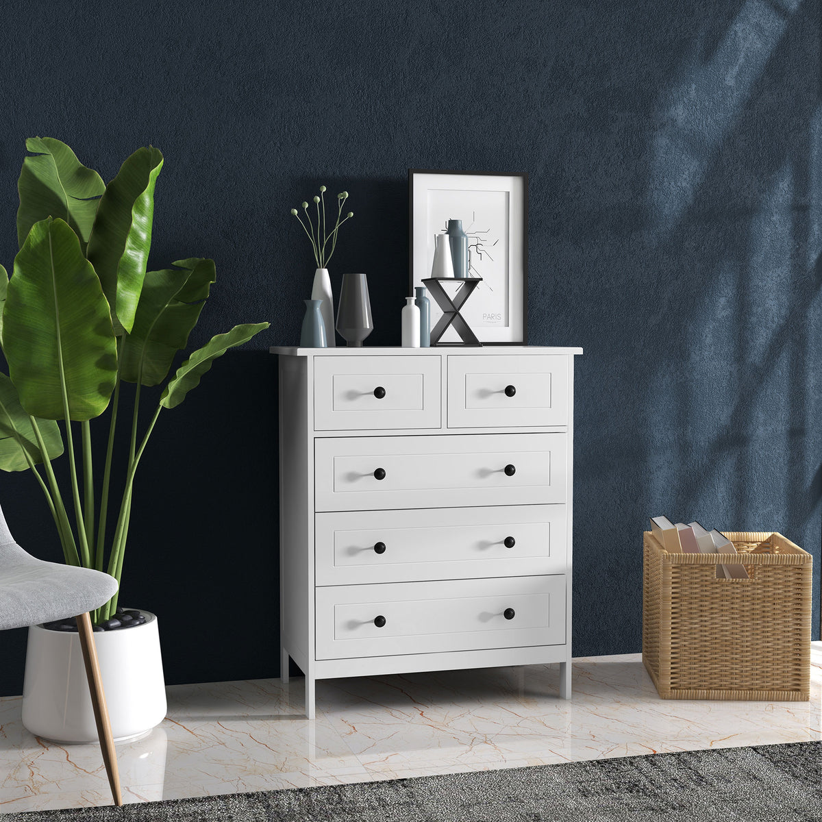 Commode meuble de rangement 5 tiroirs pour chambre, bureau, entrée, blanc et poignée métal noir-8
