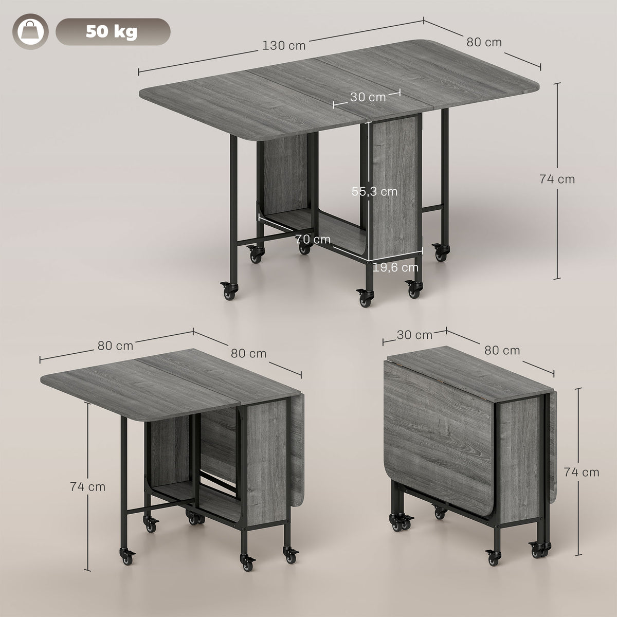 Table pliante de cuisine extensible salle à manger sur roulettes jusqu'à 6 personnes étagère intégrée, 6 roues, Gris-2
