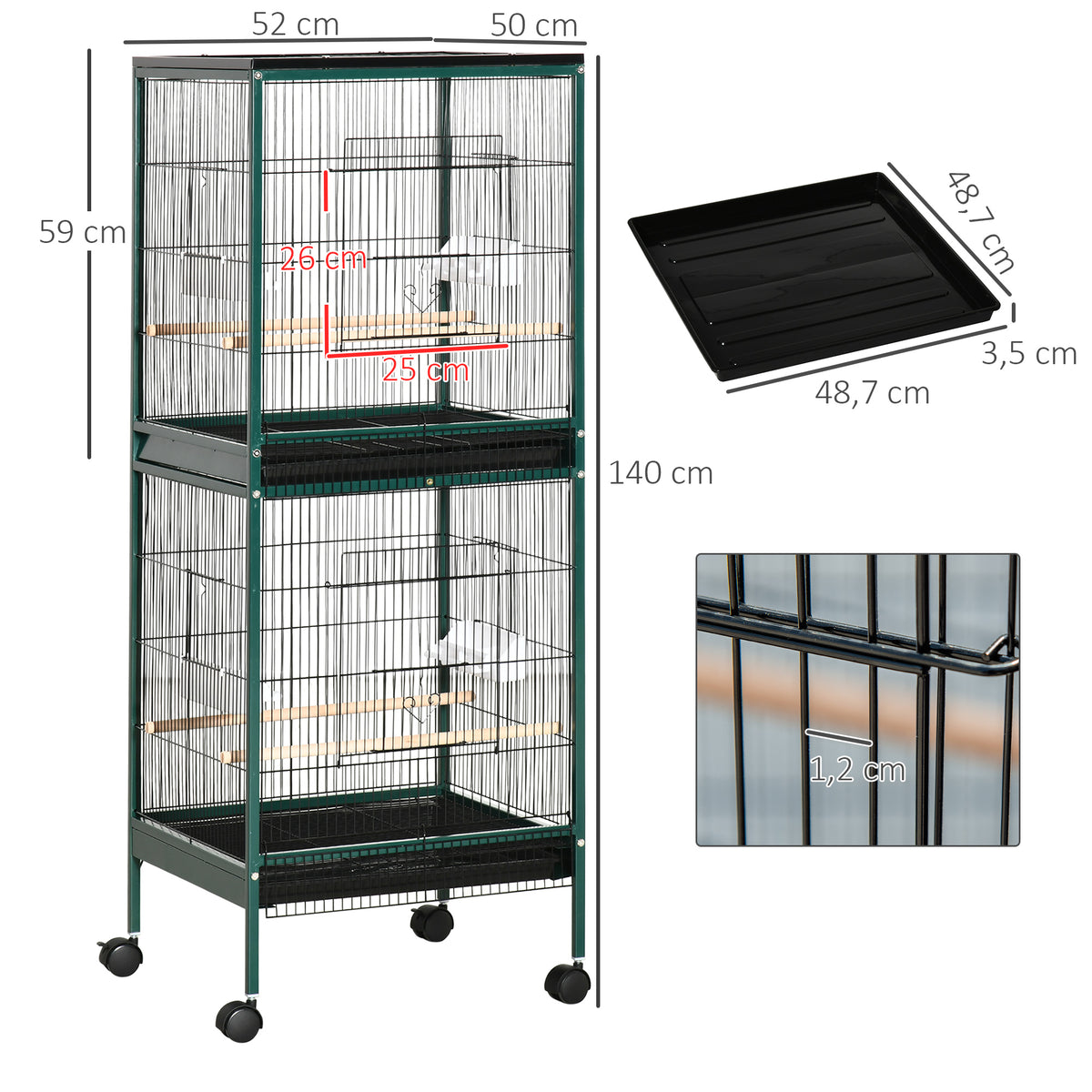 Grande Cage à Oiseaux sur pied double avec mangeoires perchoirs plateau amovible roulettes - Dim. 51,5L x 50l x 140H cm-2