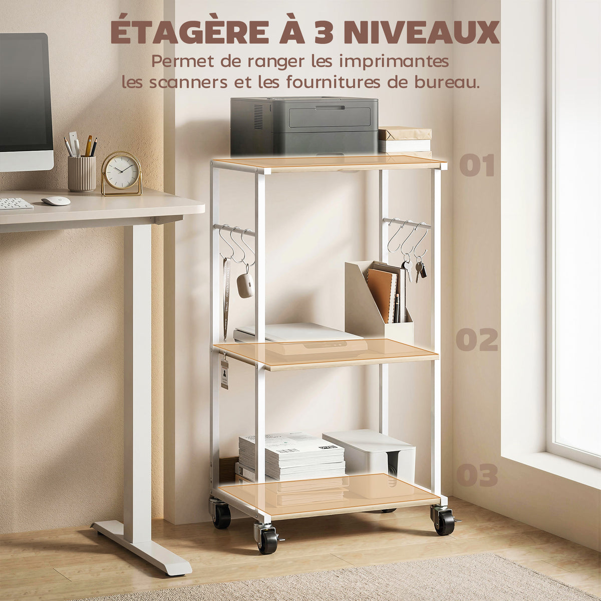 Support pour Imprimante à 3 Niveaux avec Roulettes et Crochets, Étagère de Rangement pour Bureau, Salon, Bois Naturel-3