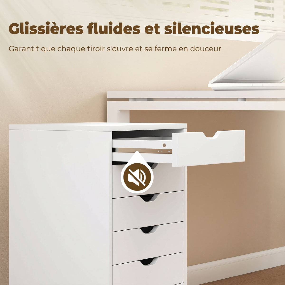 Caisson de Bureau Mobile 6 Tiroirs Silencieux, Support d'Imprimante, Poignées Encastrées, 40 x 35 x 63 cm, blanc-4