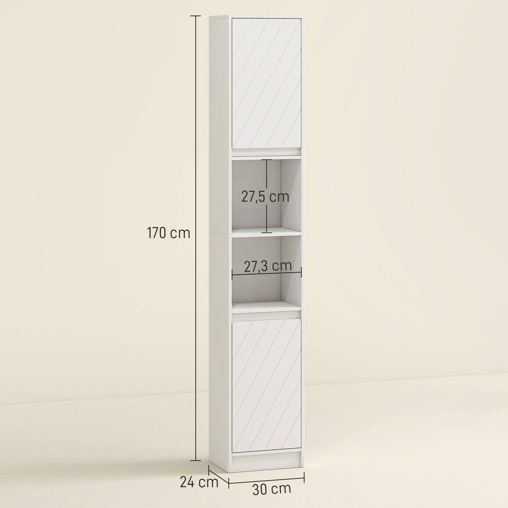 Meuble colonne salle de bain, meuble de rangement avec 2 portes, 2 compartiments ouverts, , 30 x 24 x 170 cm, blanc-2