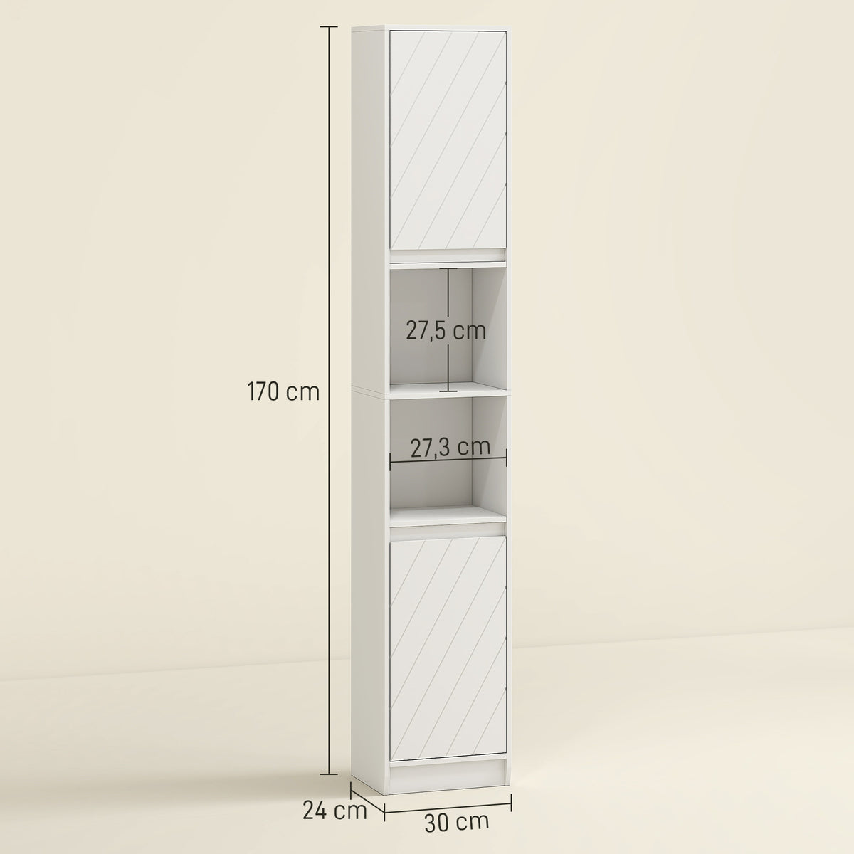 Meuble colonne salle de bain, meuble de rangement avec 2 portes, 2 compartiments ouverts, , 30 x 24 x 170 cm, blanc-2