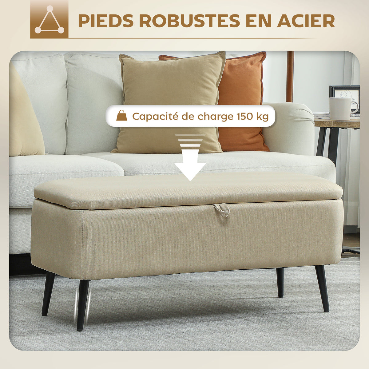 Banc banquette coffre de rangement 2 en 1 en tissu avec pieds en acier noir 102 x 40 x 39,5 cm beige-4