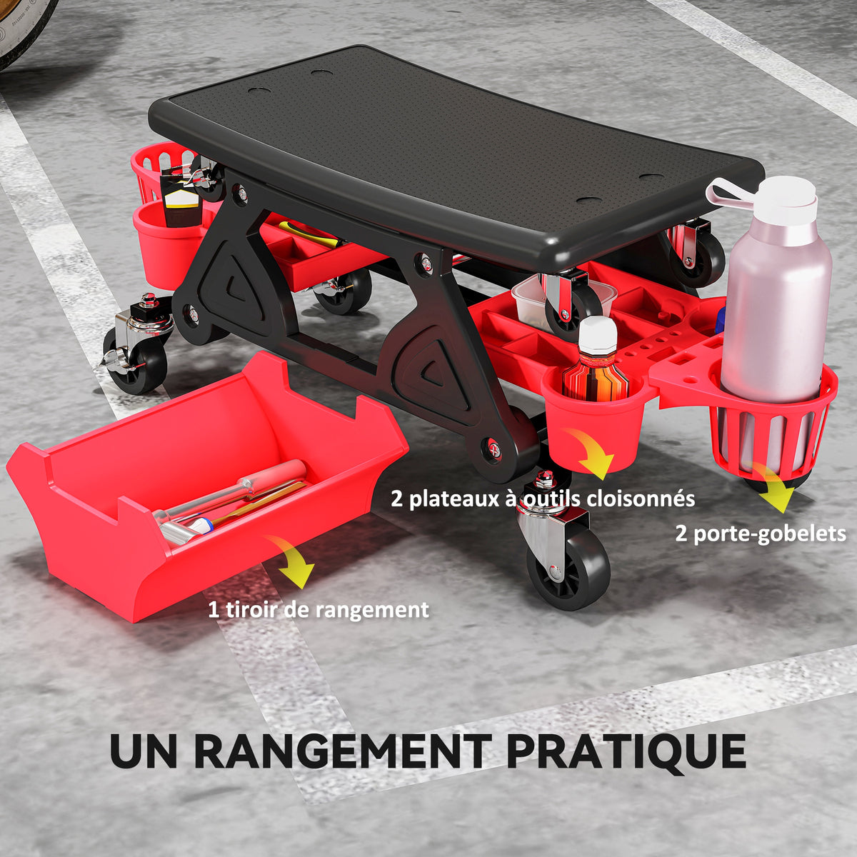 Tabouret d'atelier mobile 135 kg, tabouret de mécanicien avec roulettes rotatif à 360° avec plateaux, 86x33x33cm, rouge-6