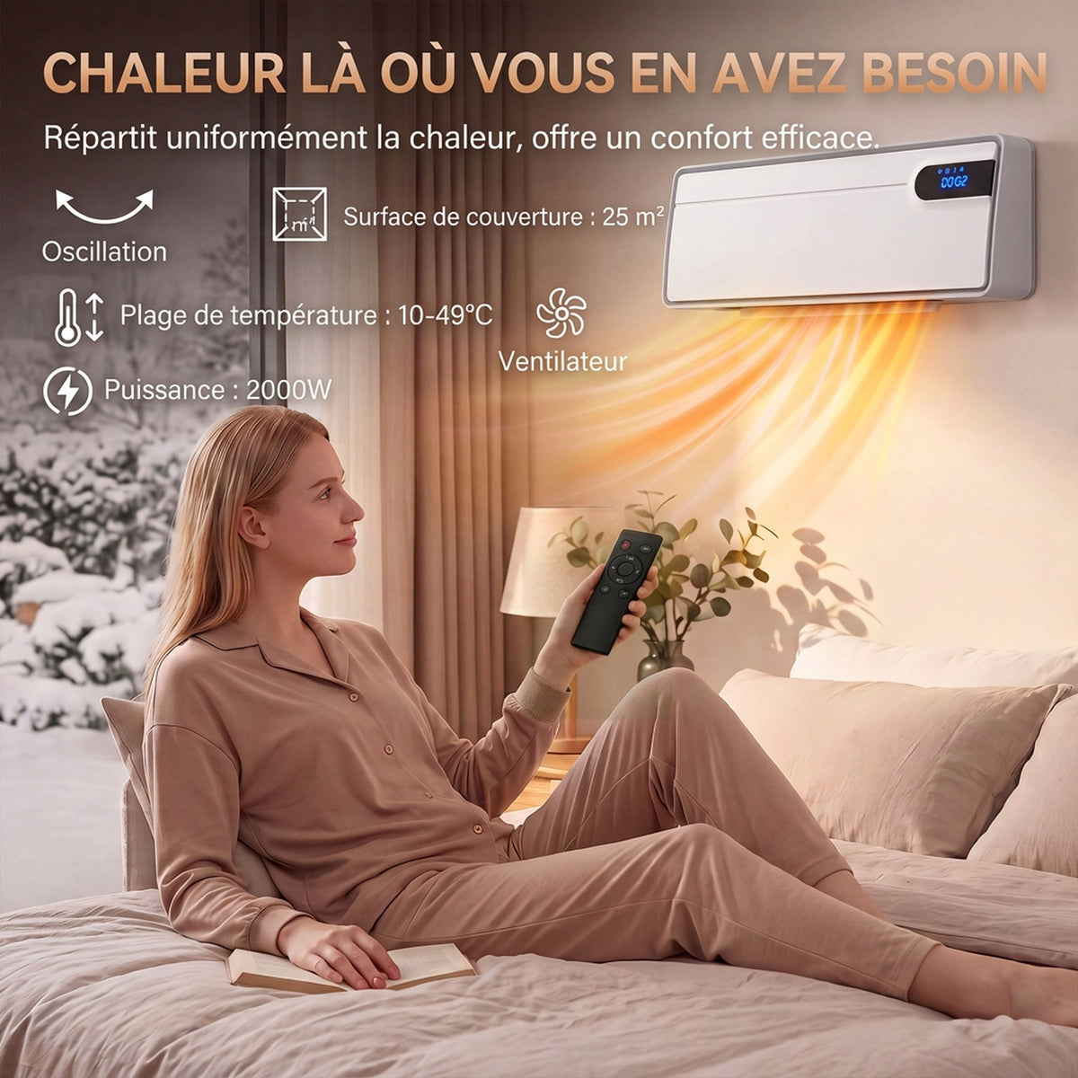 Chauffage Mural en Céramique Intelligent 2000 W, Wi-Fi, Compatible Alexa et Google Home, Oscillation, Blanc-3