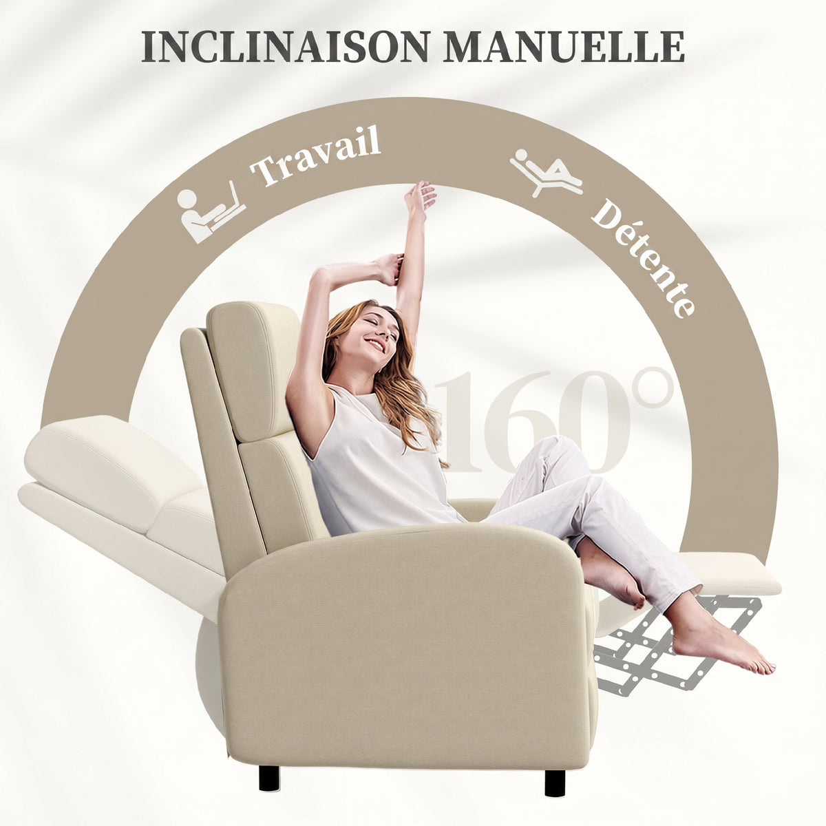 Fauteuil Relax Inclinable jusqu'à 160° Manuellement avec Repose-Pieds Intégré, Charge Max. 120kg, Grand Confort, Crème-3