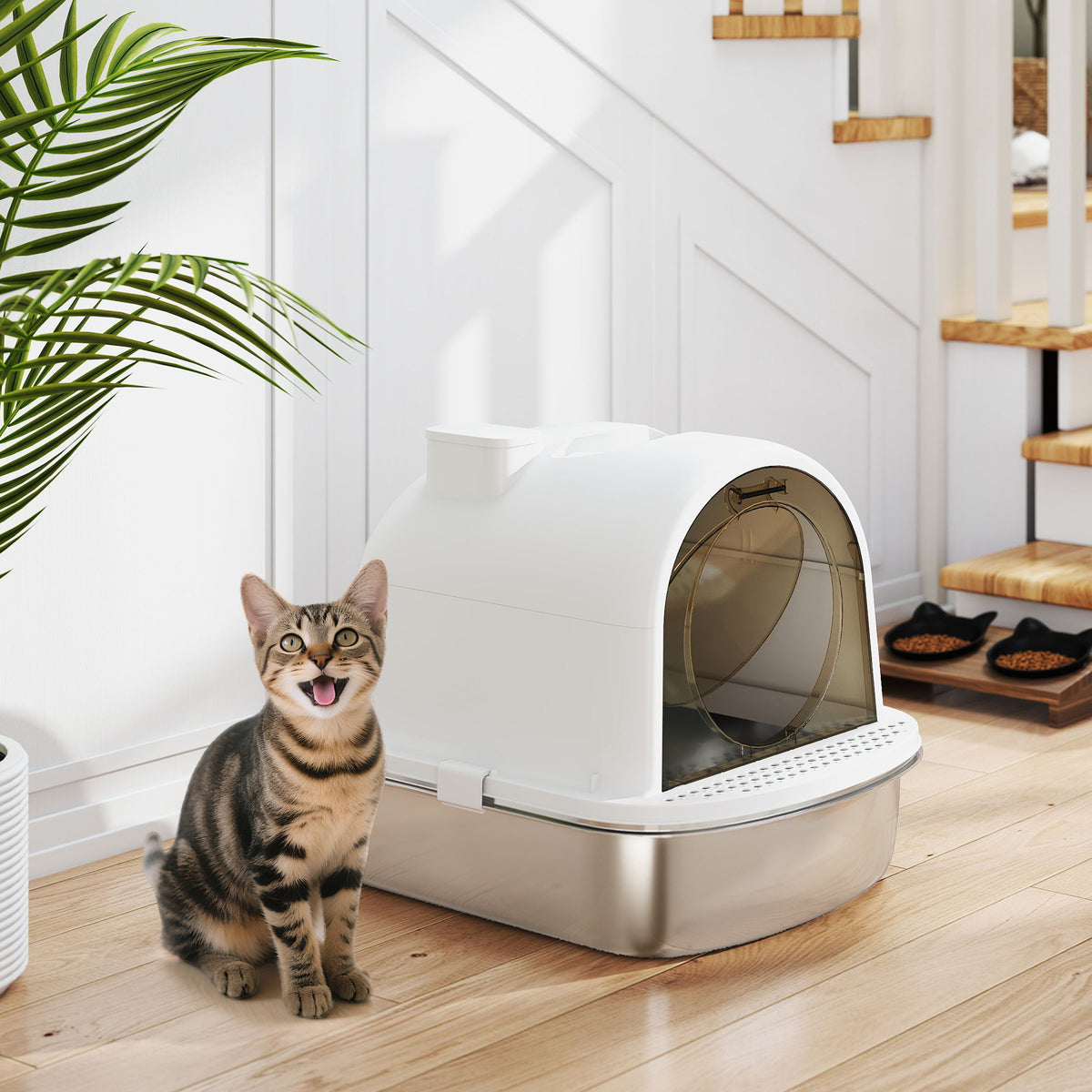 Maison de toilette pour chat bac à litière fermé bac acier inoxydable, nettoyage facile, 52,4 x 41,3 x 39,9 cm, blanc-1