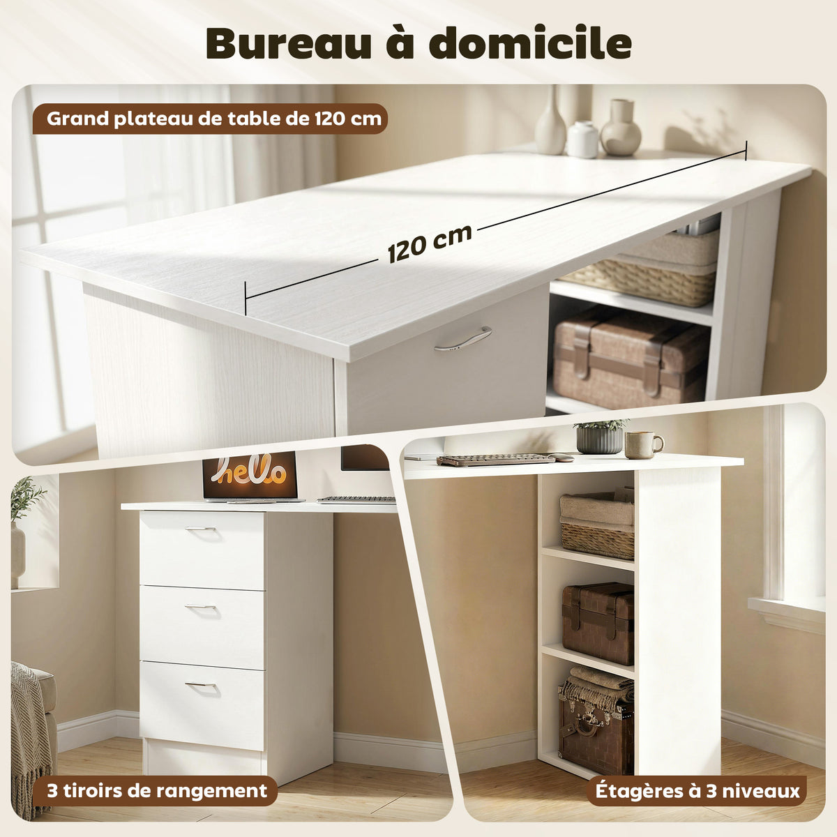 Bureau d'ordinateur avec 3 tiroirs et 3 étagères ouvertes, 120x49x72cm, bureau avec rangement réversible, style moderne, table informatique pour chambre, petit espace, télétravail, blanc-3