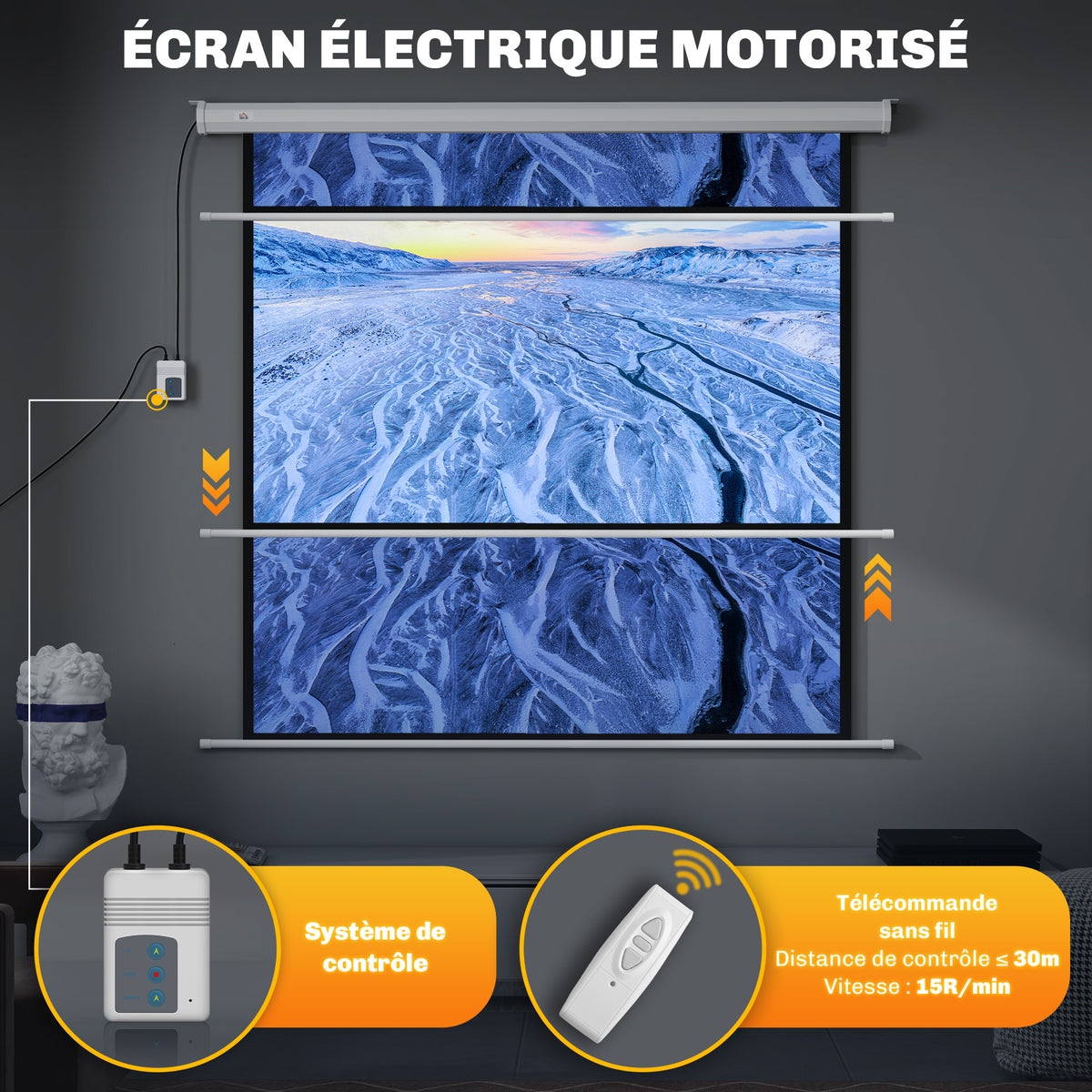 Écran de projection motorisé 85 pouces, 4K HD électrique, montage mural ou plafond, panneau de commande et télécommande-6
