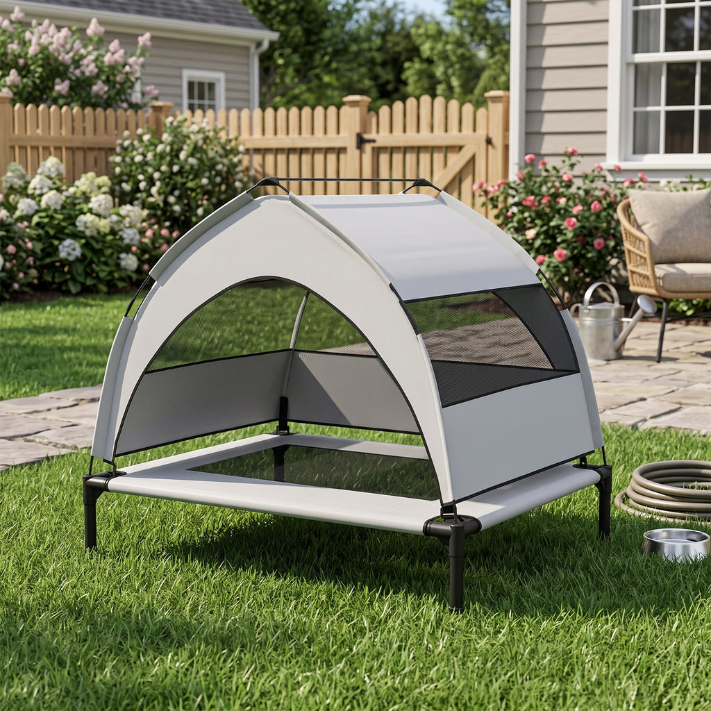 Lit pour Chien Surélevé Tente pour Chien avec Auvent Tente 3 Côtés Respirant Textilène Sac 76x61x70cm Gris Clair-1