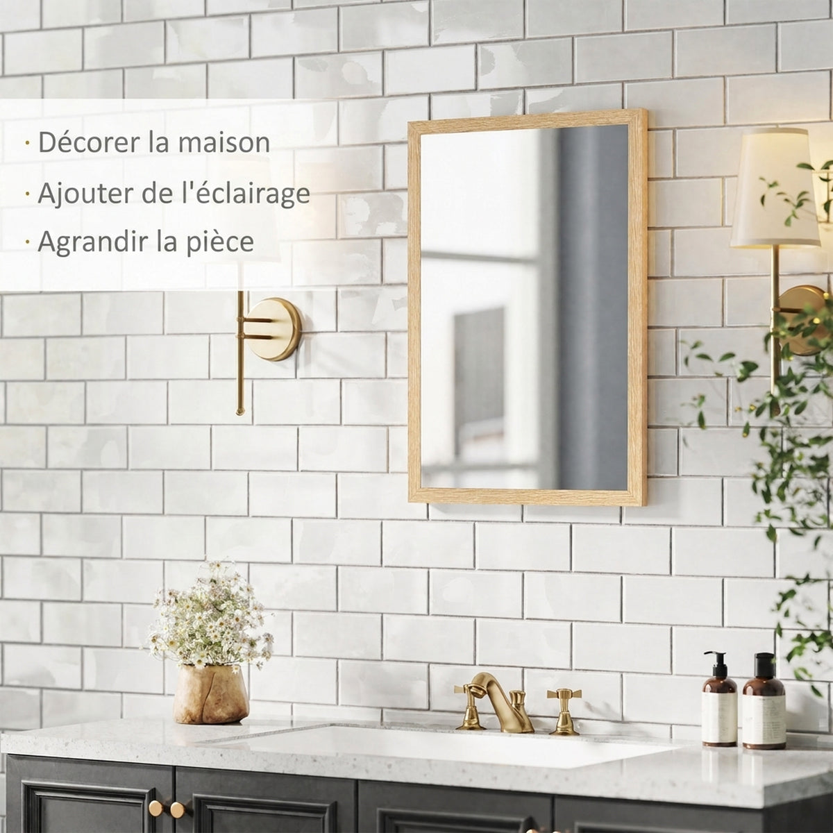 Miroir mural rectangulaire 50 x 70 cm, cadre en bois, idéal pour la salle de bain, salon ou chambre, naturel-3