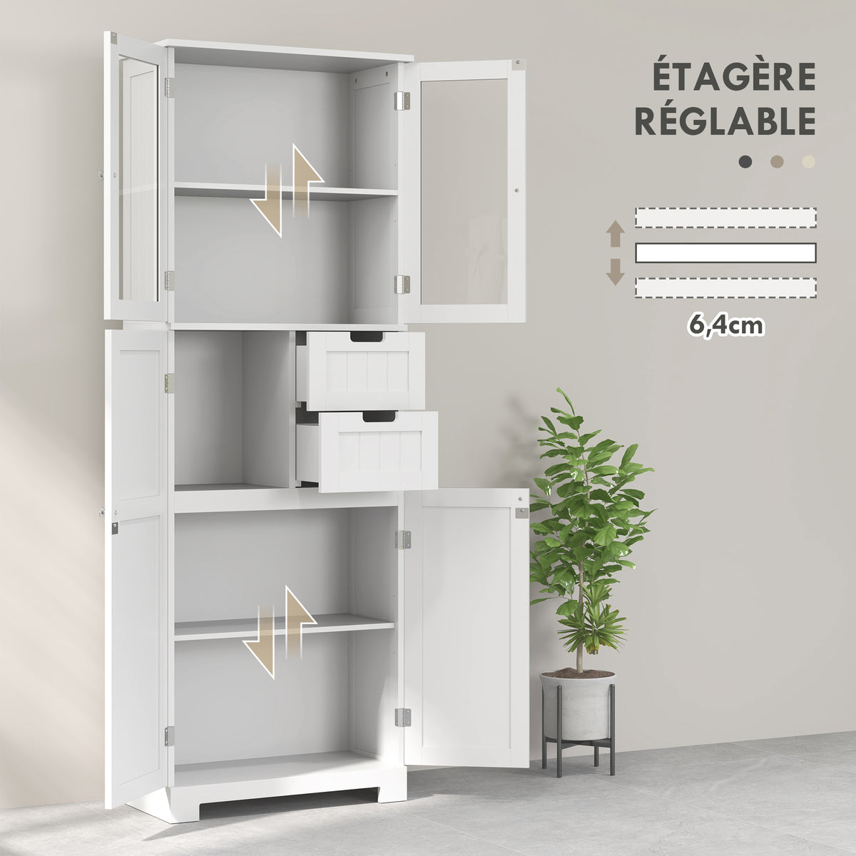 Meuble haut de rangement, armoire avec portes vitrées et étagères réglables pour salle de bain, cuisine, salon, blanc-4