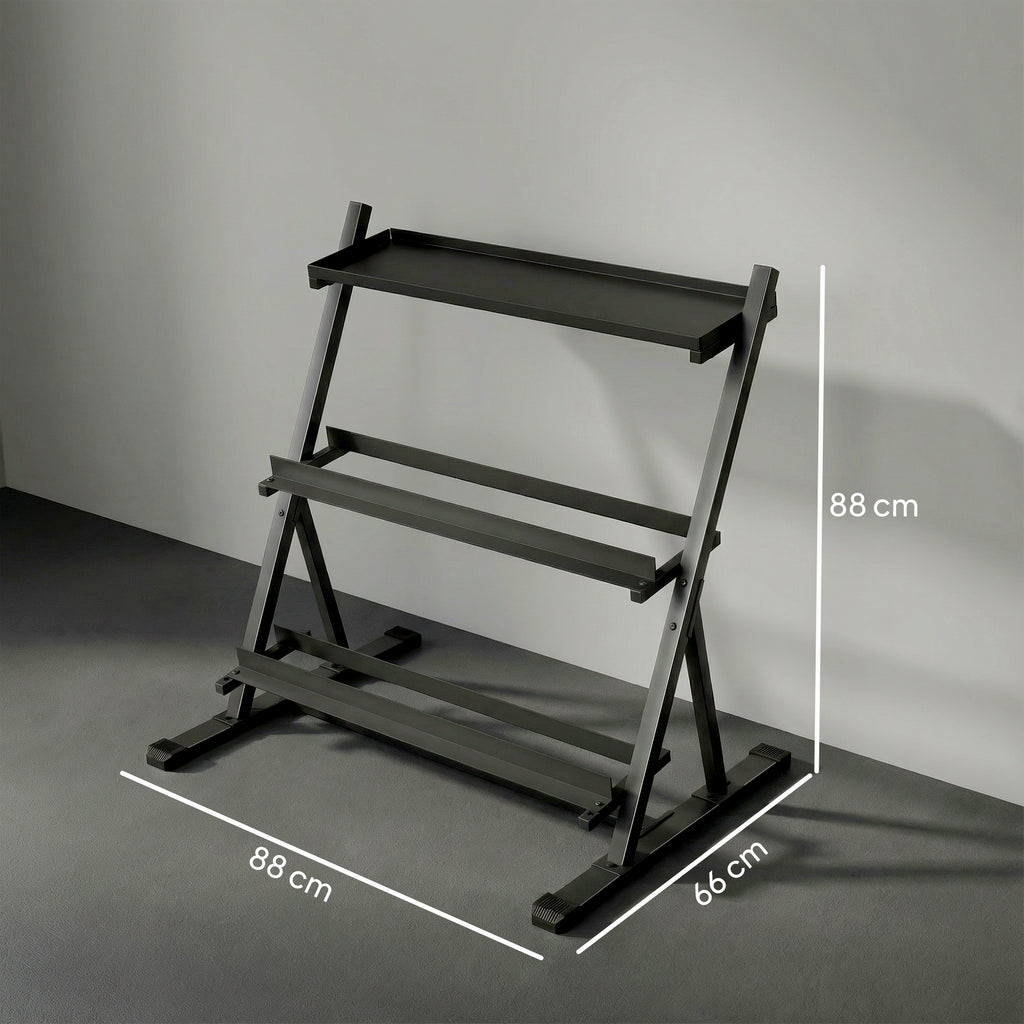 Support pour haltères à 3 niveaux, support de poids réglable en acier pour haltères, kettlebells, noir-2