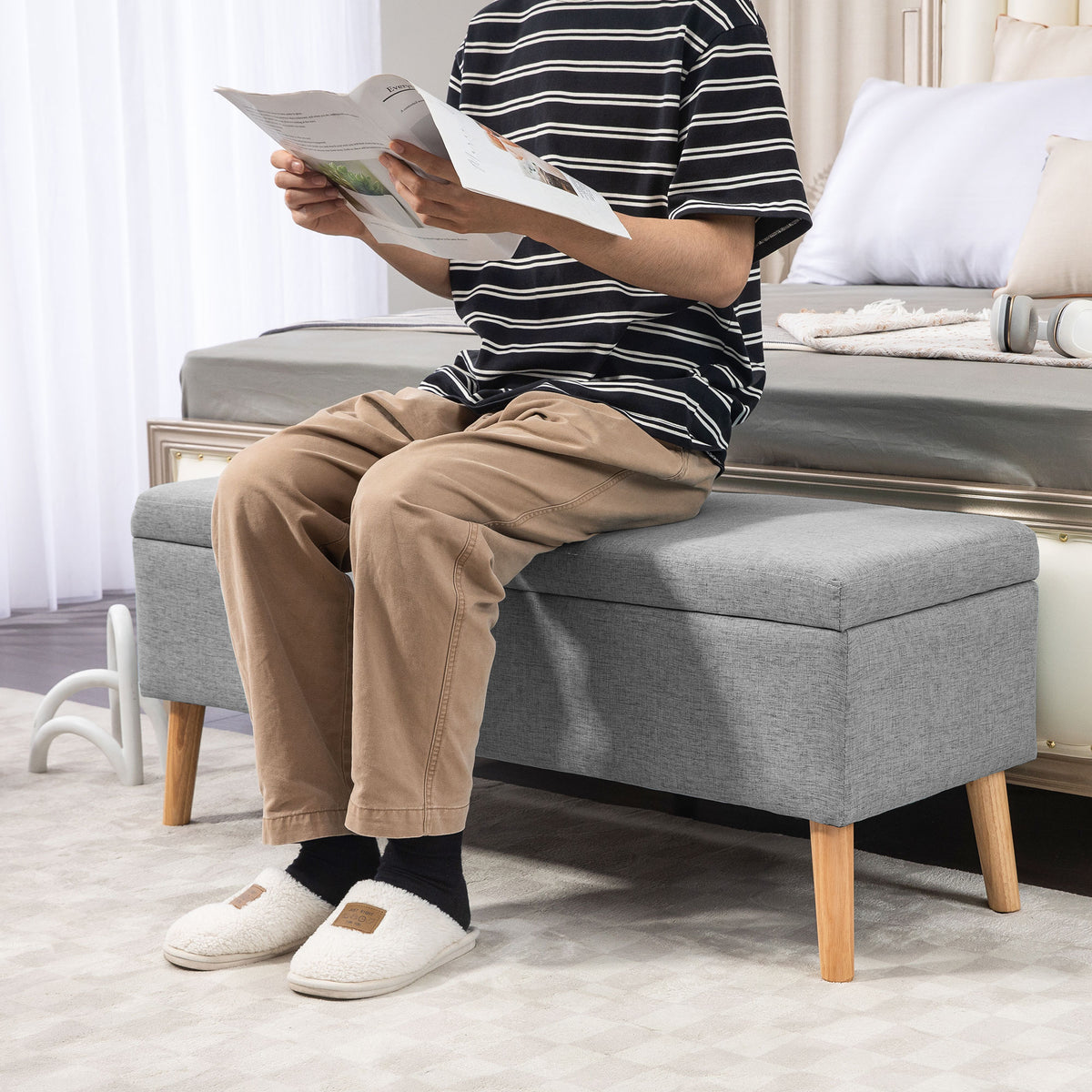 Banc coffre rangement rembourré aspect lin pour chambre à coucher, entrée, salon, charge 220 Kg, 110 x 39 x 45 cm, gris-7