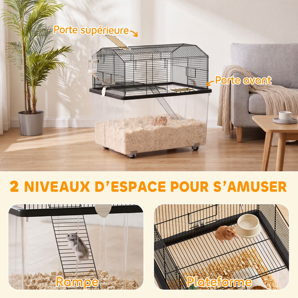 Cage hamster cage rongeur 2 étages avec roulettes plate-forme et échelle en fil d'acier 57 x 43 x 57 cm noir-3