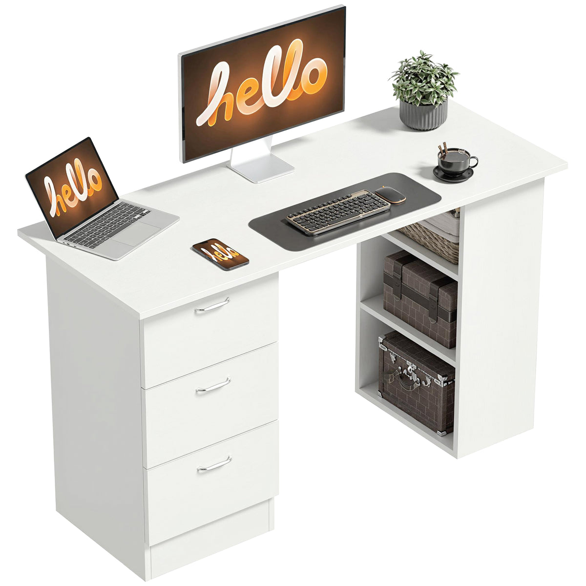 Bureau d'ordinateur avec 3 tiroirs et 3 étagères ouvertes, 120x49x72cm, bureau avec rangement réversible, style moderne, table informatique pour chambre, petit espace, télétravail, blanc-0