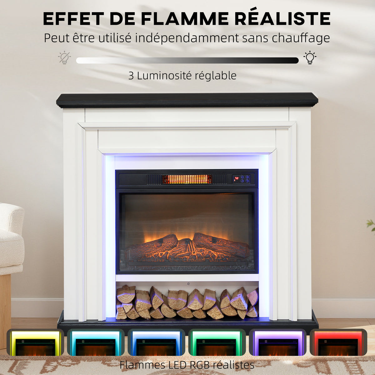 Cheminée électrique 1800W, fausse cheminée décorative lumières LED RGB, effet flamme, manteau, 105 x 27 x 97 cm, noir-3