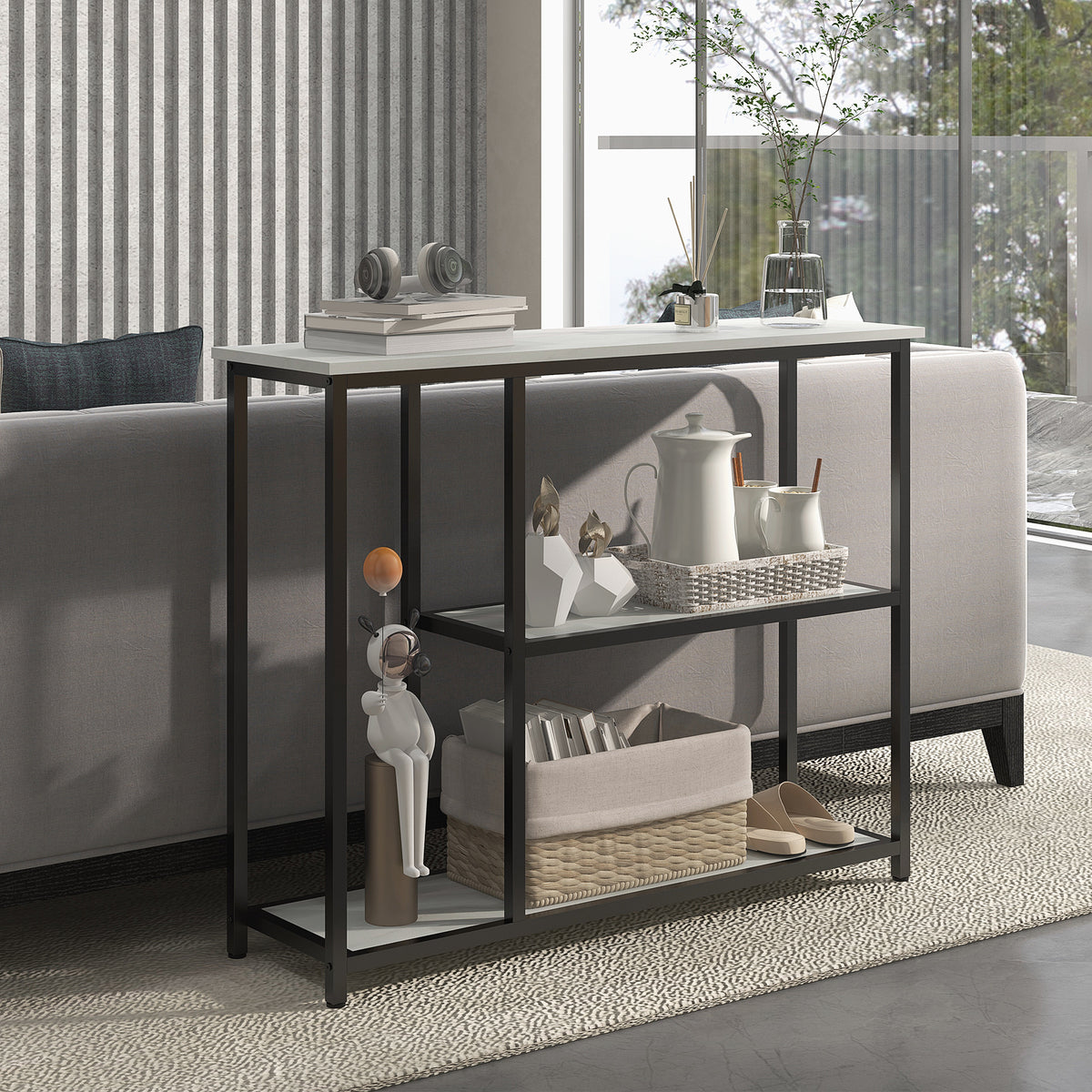 Console meuble 100 cm, table console 3 niveaux, plateaux en effet marbre, cadre en acier, blanc-6