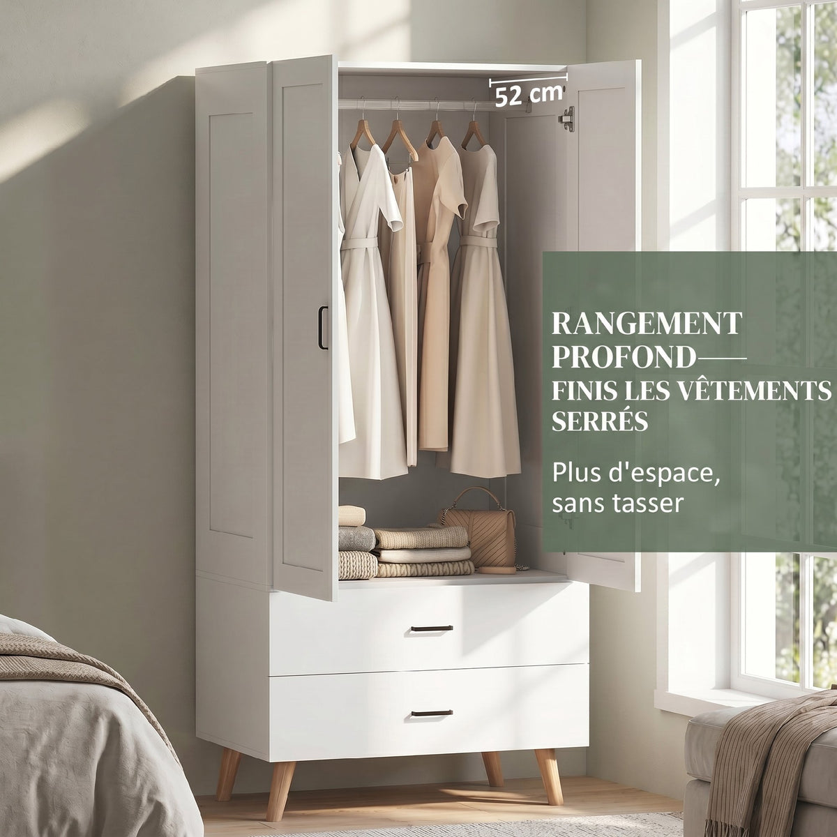 Armoire chambre penderie 2 portes à fermeture douce, 2 tiroirs et barre de suspension, 80x54x180cm, blanc-3