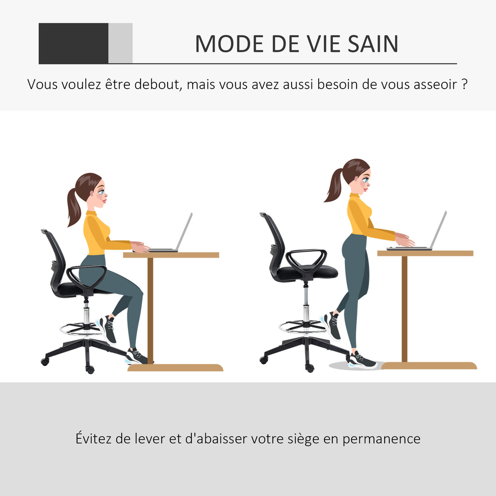 Fauteuil de bureau chaise de bureau assise haute réglable tabouret de bureau pivotant 360° maille respirante-3