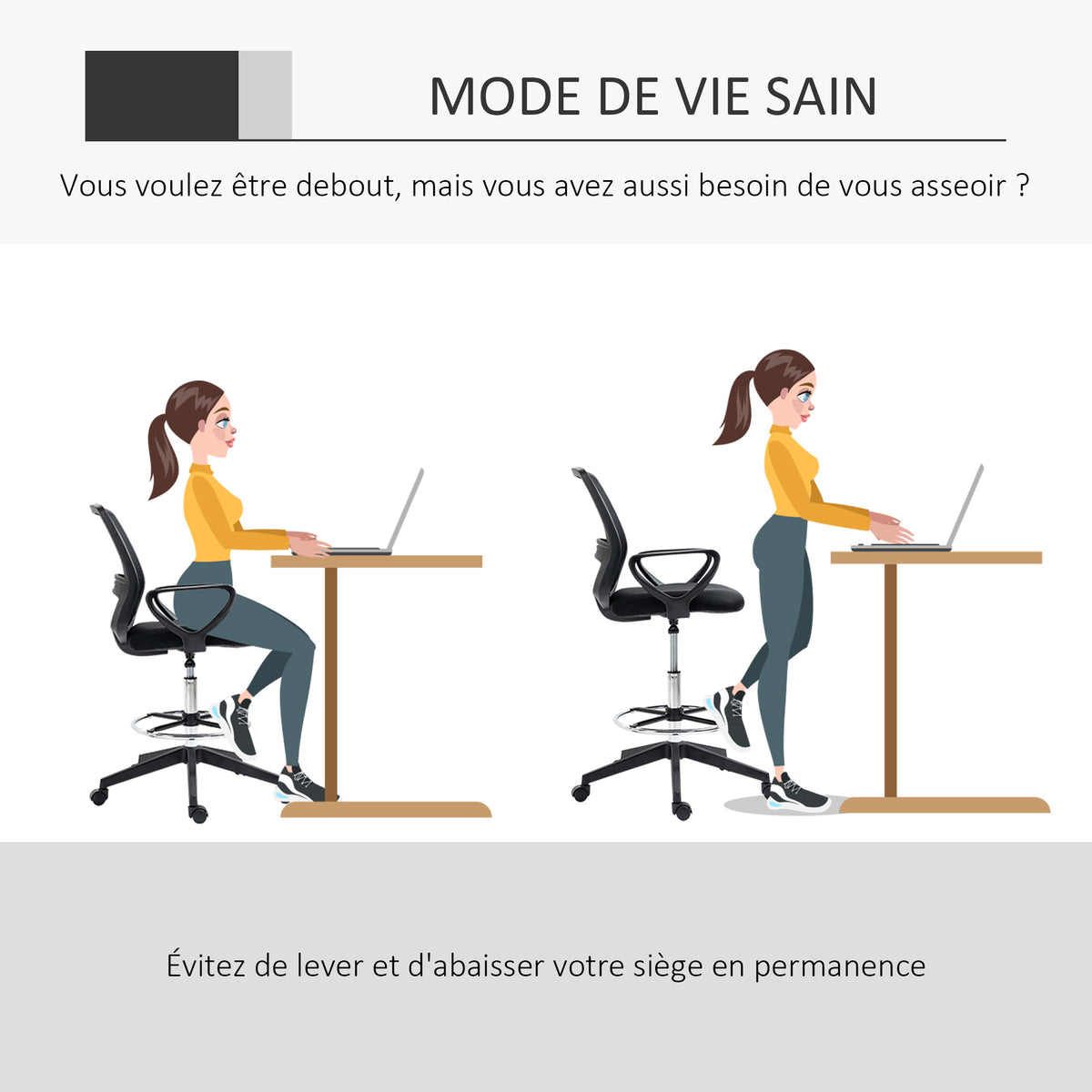 Fauteuil de bureau chaise de bureau assise haute réglable tabouret de bureau pivotant 360° maille respirante-3