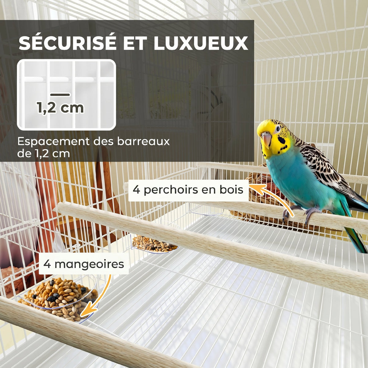 Cage à Oiseaux Volière Intérieur Acier avec Séparateur, 4 Perchoirs, Plateau Coulissant, 4 Mangeoires, 76x46x46cm, Blanc-4