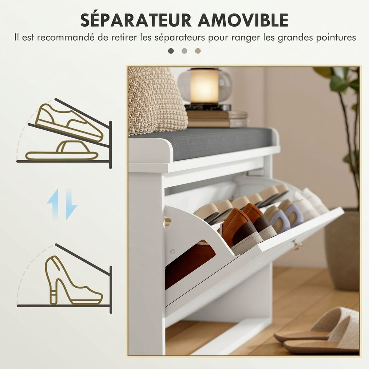 Banc à chaussures avec tiroir rabattable, coussin d'assise et étagère réglable, 80 x 26 x 48 cm, blanc-5