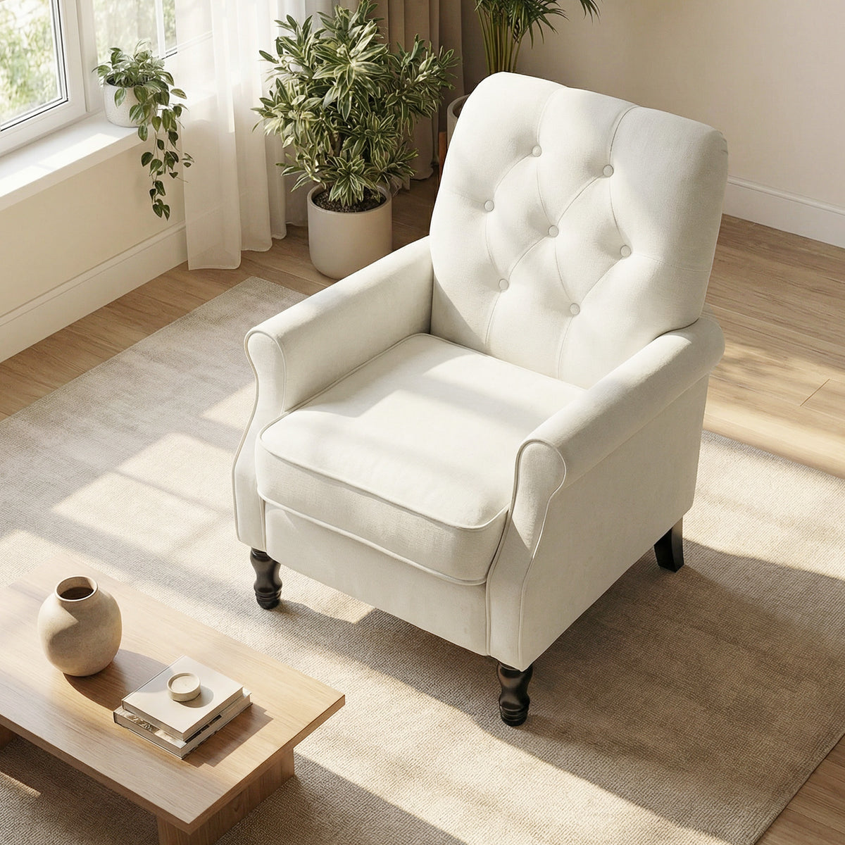 Fauteuil de salon, canapé 1 place avec assise rembourrée épaisse, coussin à ressorts, tissu en lin, 69x75x90cm, crème-7