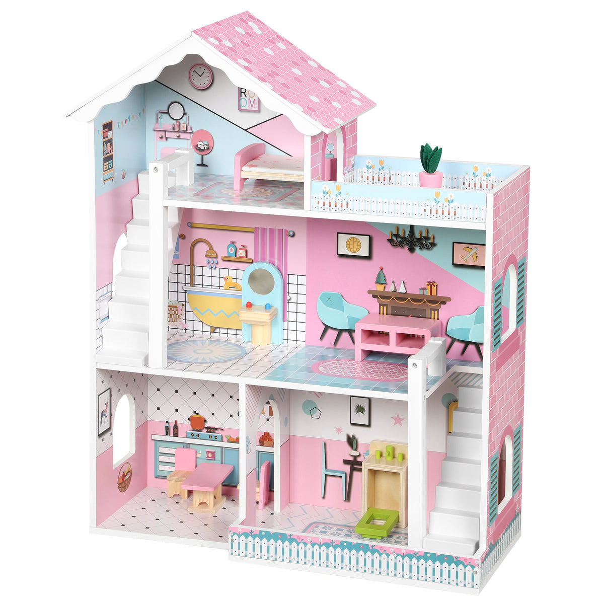 Maison de Poupée en Bois pour Enfants, Maison de Rêve Filles à 3 Étages avec Balcon, Escaliers et 10 Accessoires, Rose-0