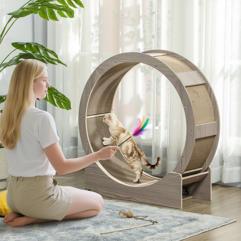 Roue d'exercice pour chat roue de course pour chat frein sécurisé et tapis de grattage amovible silencieux 91 cm marron-1