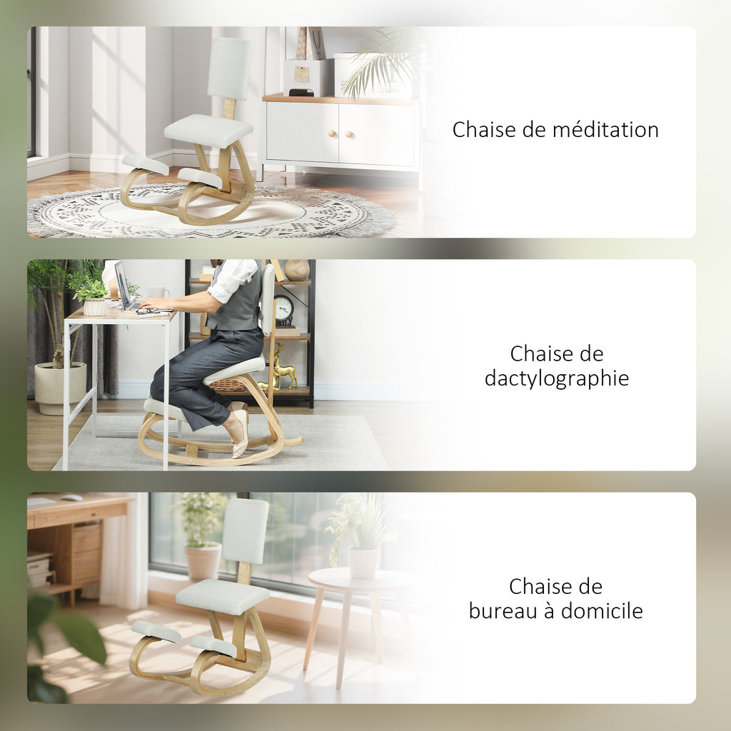 Siège assis genoux, tabouret ergonomique en bois à bascule avec dossier, chaise à genoux pour bureau à domicile, crème-6