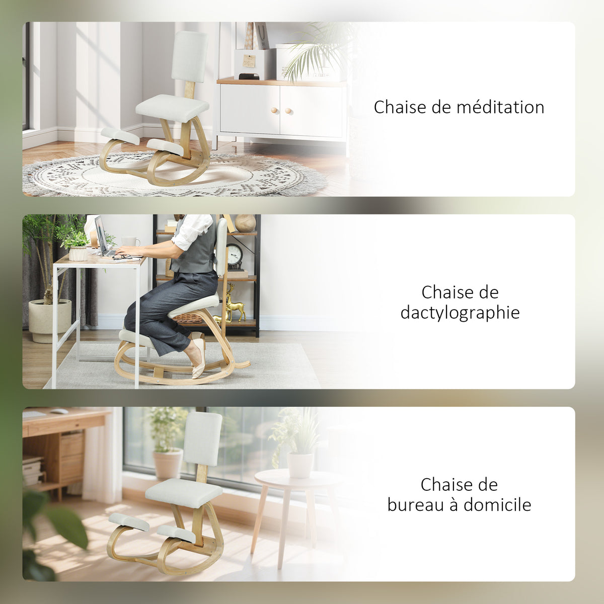 Siège assis genoux, tabouret ergonomique en bois à bascule avec dossier, chaise à genoux pour bureau à domicile, crème-6
