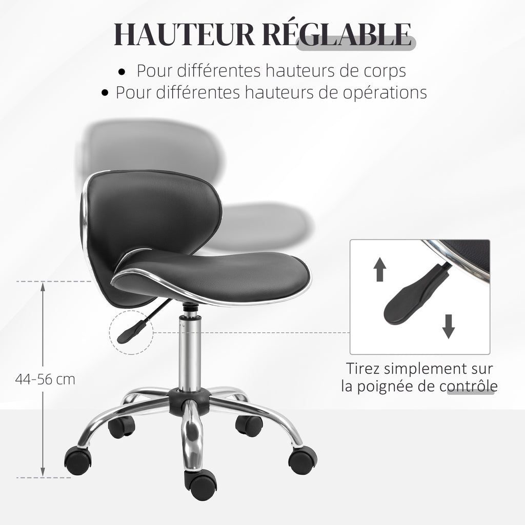 Tabouret à roulettes tabouret de travail avec hauteur réglable 44-56 cm et dossier, pivotant 360°, noir-3