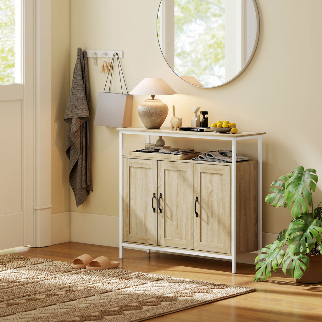 Buffet, meuble de rangement avec 3 portes, compartiment ouvert et 4 étagères réglables, 100 x 35 x 88 cm, bois naturel-8