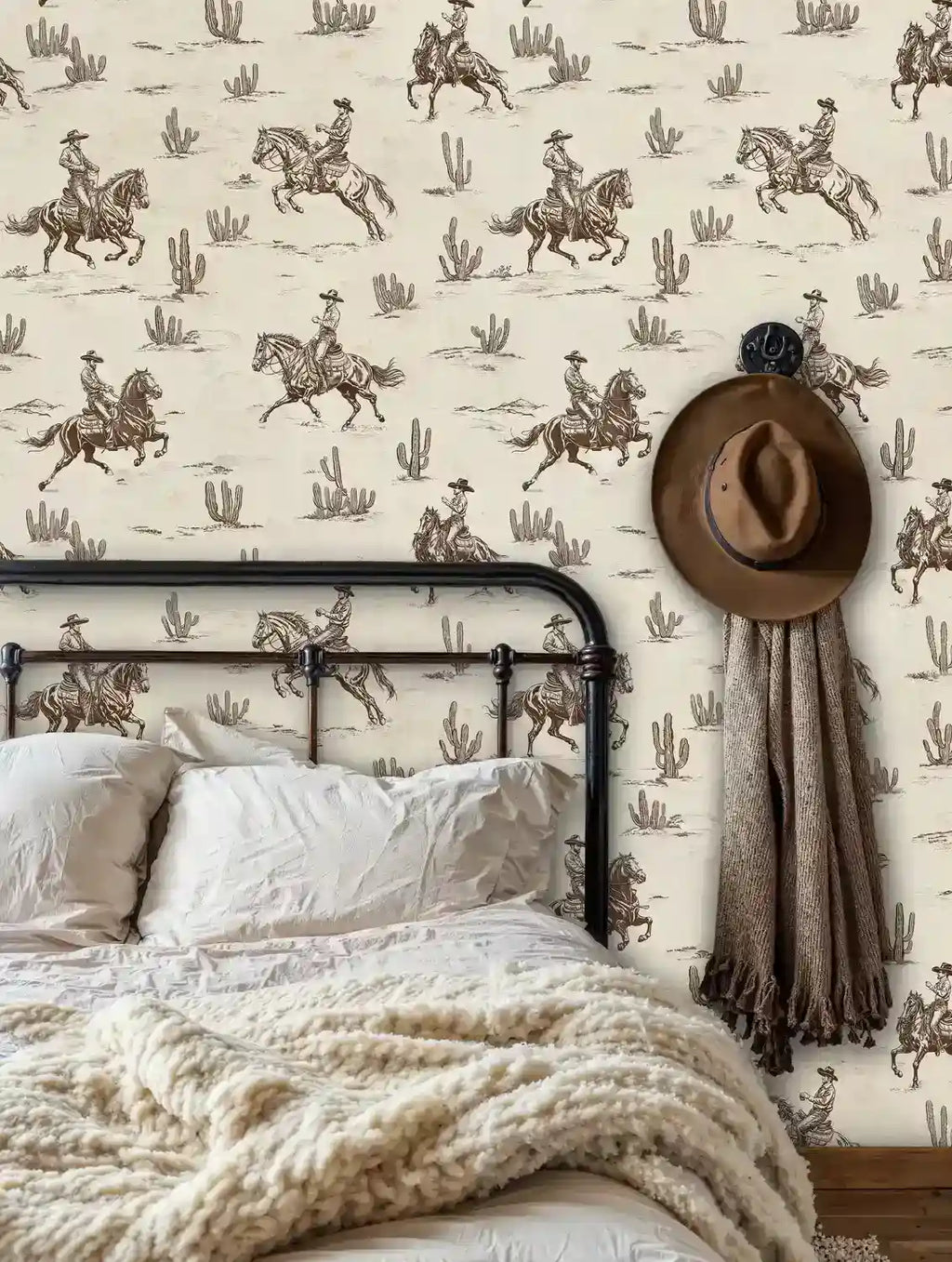 Papier peint panoramique cow-boys du Far West beige et marron