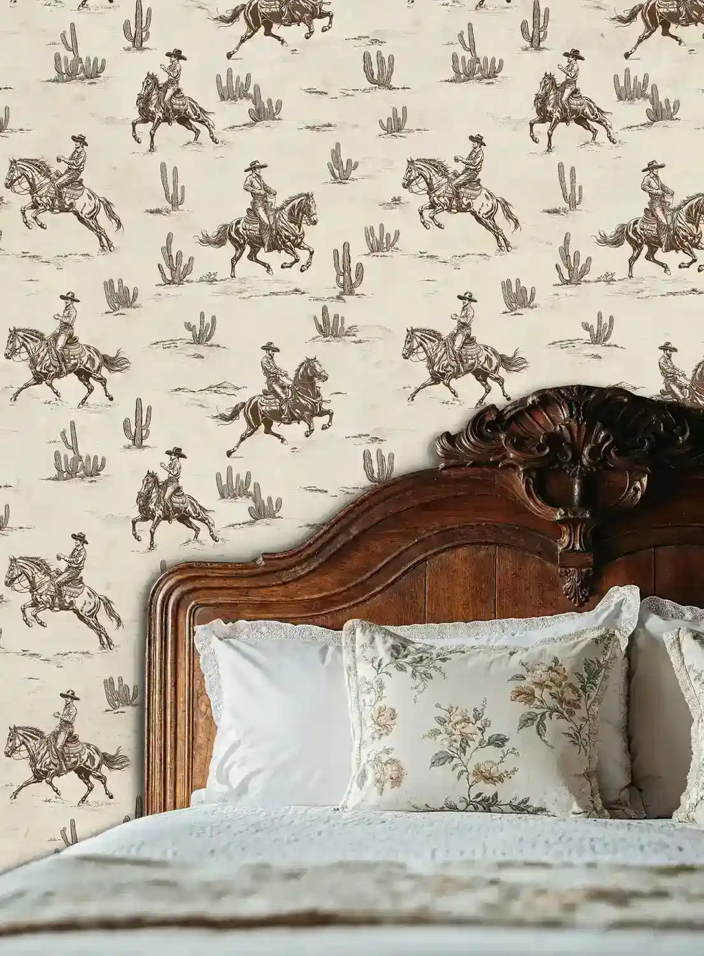 Papier peint panoramique cow-boys du Far West beige et marron