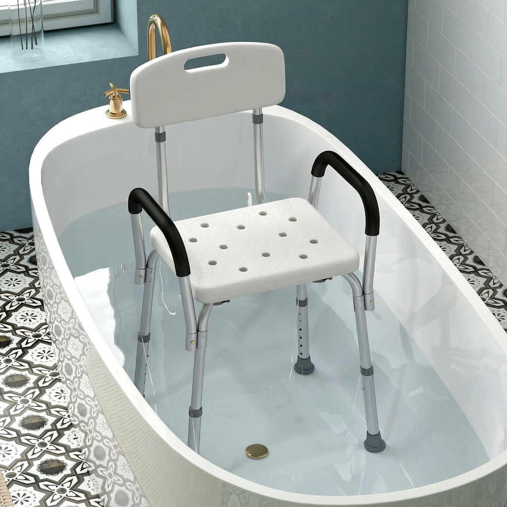 Chaise de Douche siège de Douche Ergonomique Hauteur réglable Pieds antidérapants Dossier accoudoirs Amovibles Charge Max. 136 Kg alu HDPE Blanc-7