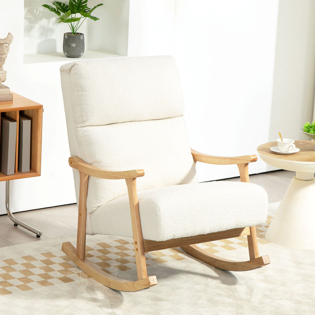 Fauteuil à bascule, rocking chair en velours teddy avec assise rembourré, dossier ergonomique, 65 x 90 x 98 cm, crème-1
