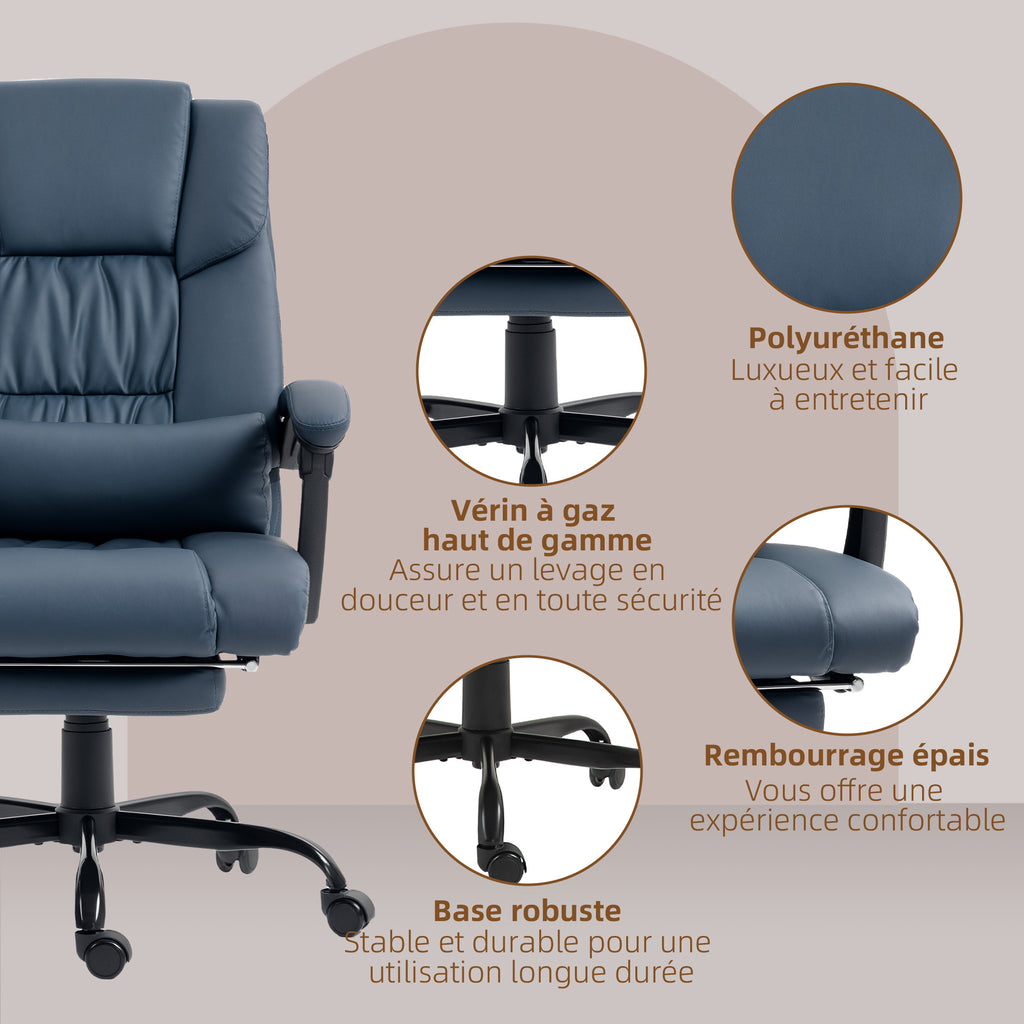 Fauteuil de bureau massant, repose-pied, hauteur réglable, dossier inclinable, télécommande filaire, 66x75x122cm, bleu-7