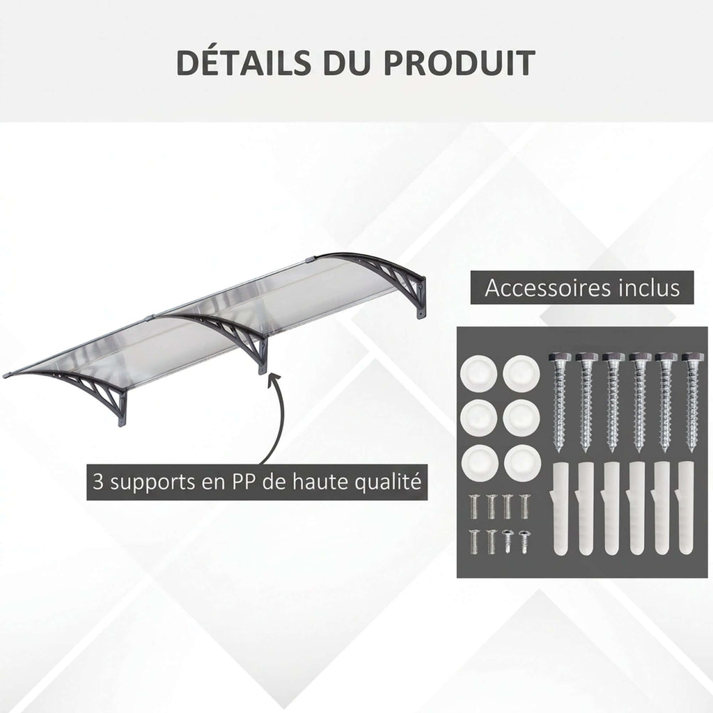 Auvent de Porte d'Entrée, Toit Marquise de Porte Extérieur en Polycarbonate et Aluminium Résistant 196x75cm, Transparent-4
