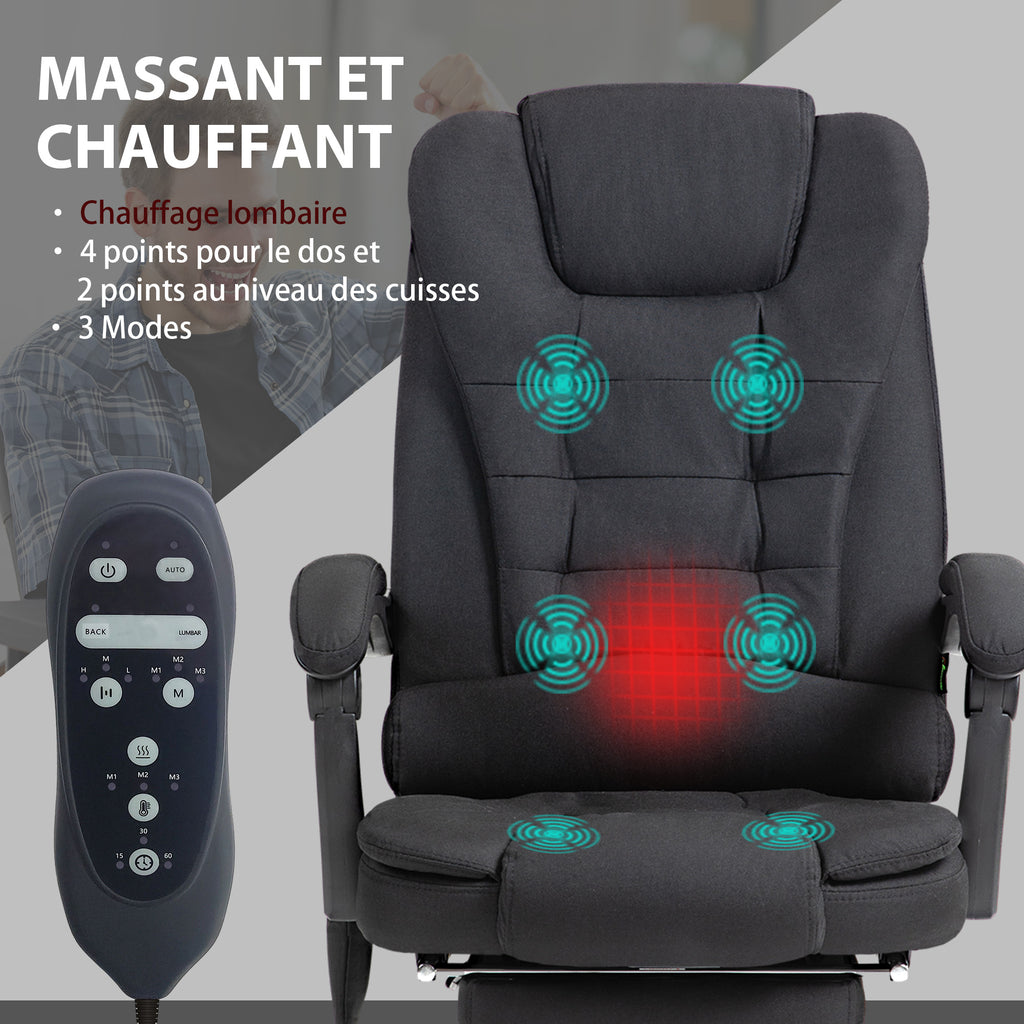 Fauteuil de bureau direction massant chauffant hauteur réglable dossier inclinable toile de lin noir-3