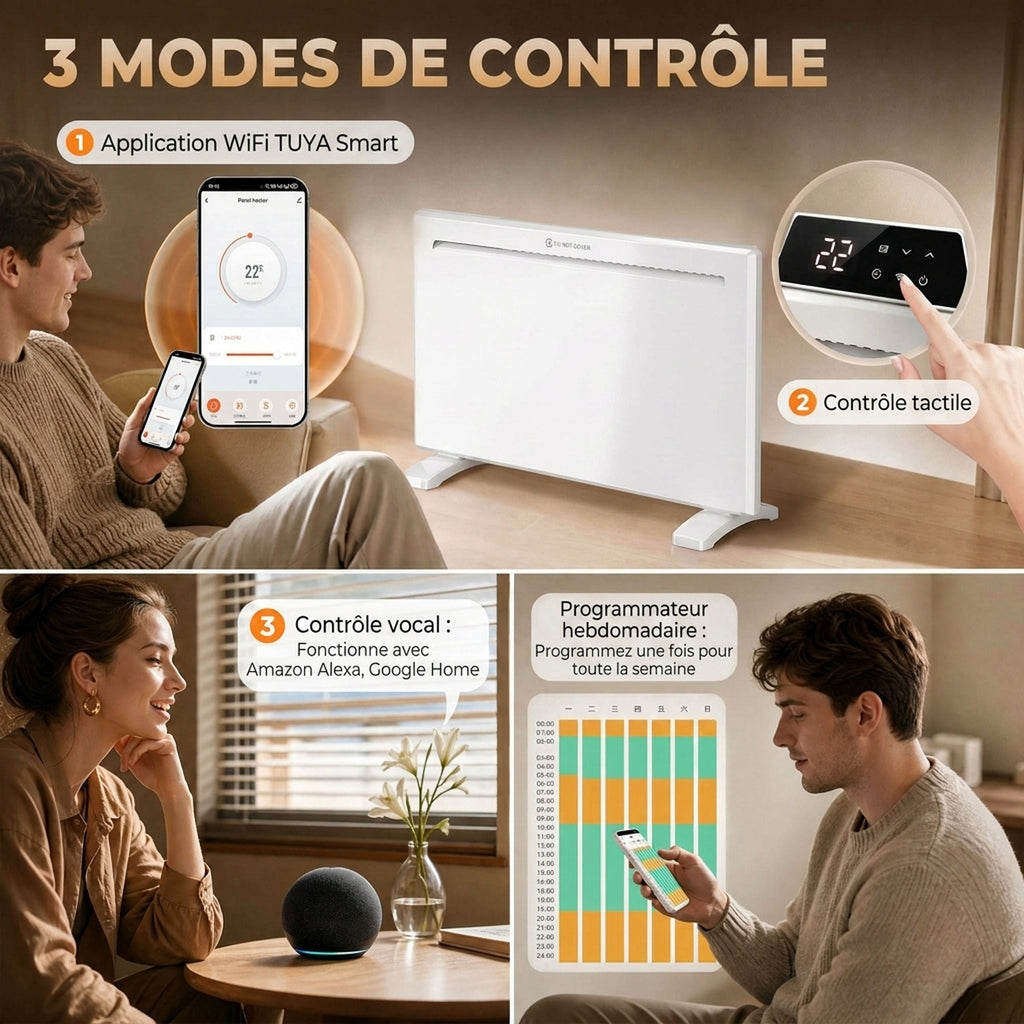 Radiateur Électrique 1500 W Connecté WiFi Sur Pied ou Mural, Commandes Vocales, 4 Modes, Écran LED, 70x21,5x43,5cm Blanc-4