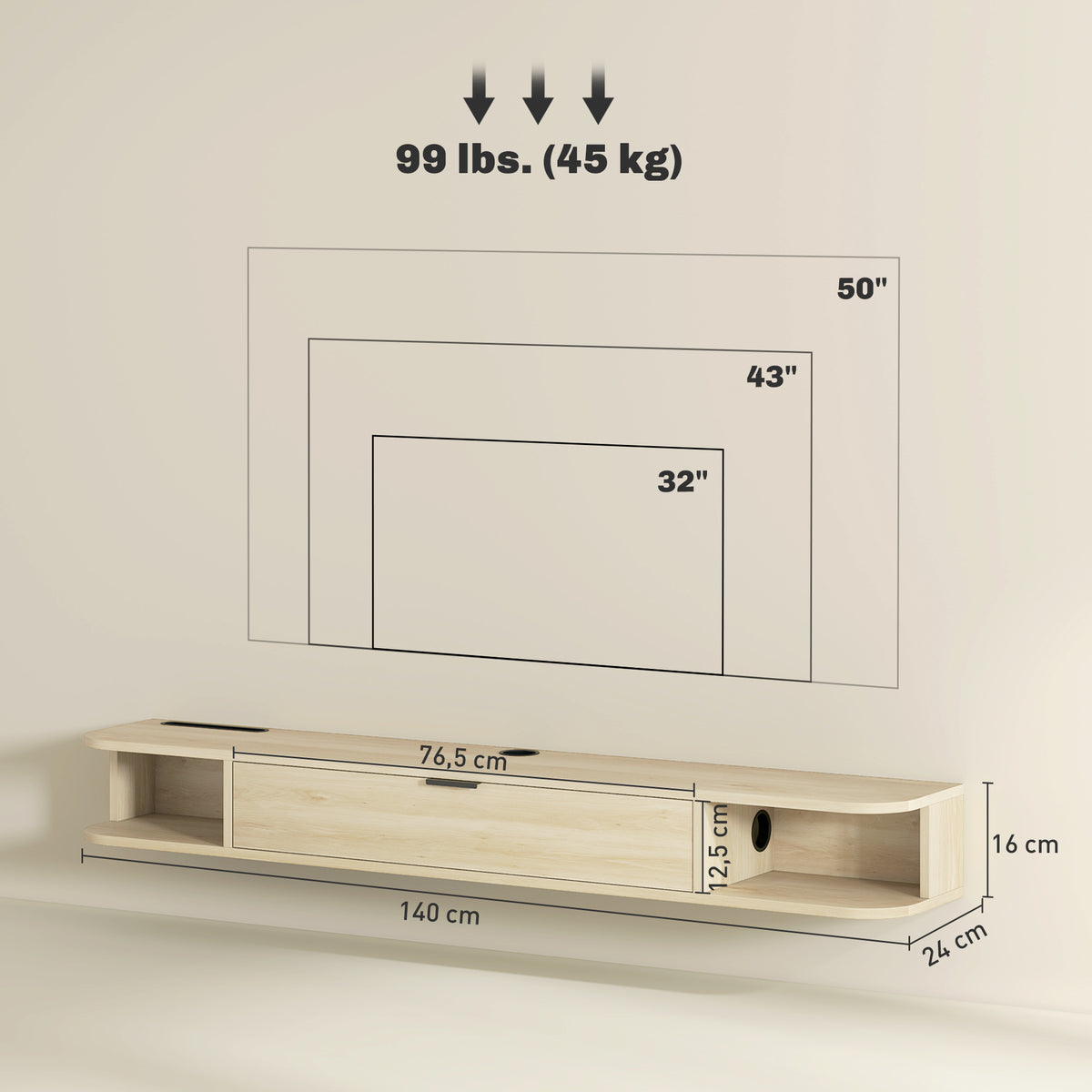 Meuble TV suspendu, meuble télé pour téléviseur jusqu'à 60 pouces, tiroir rabattable 2 étagères 140x24x16cm bois naturel-2