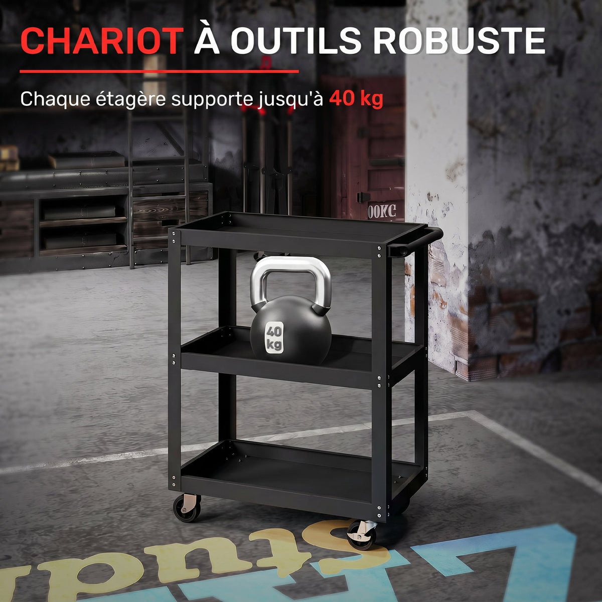 Chariot d'atelier servante atelier à 3 niveaux, poignée latérale et roulettes verrouillables, 70,5x35x82,5cm, noir-3