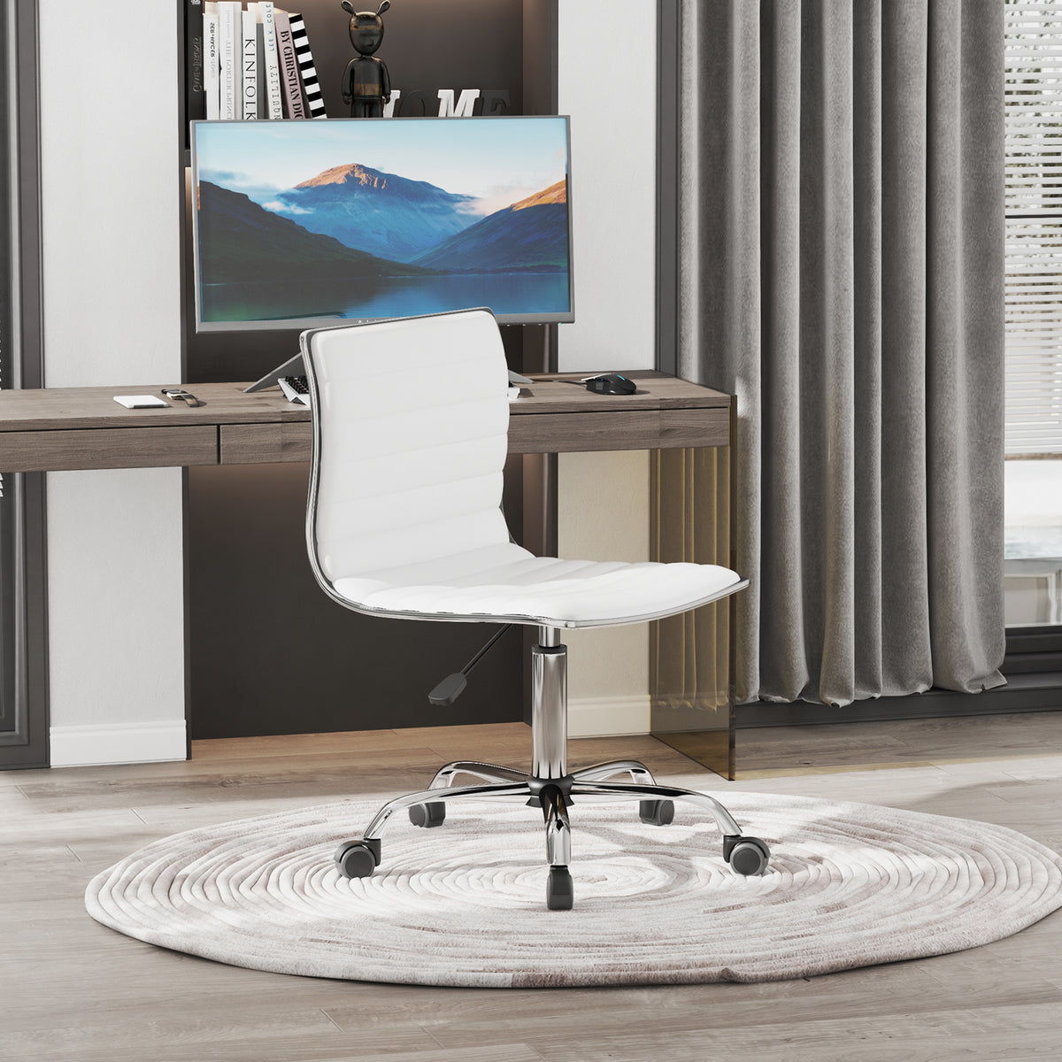 Chaise bureau sans accoudoirs, fauteuil de bureau, hauteur réglable, assise et dossier rembourrés, 48x52x78-90cm, blanc-1